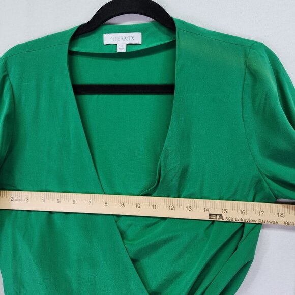 Intermix Silk Wrap Blouse Size 4 Green Long Sleeve Button Wrist - Picture 8 of 14